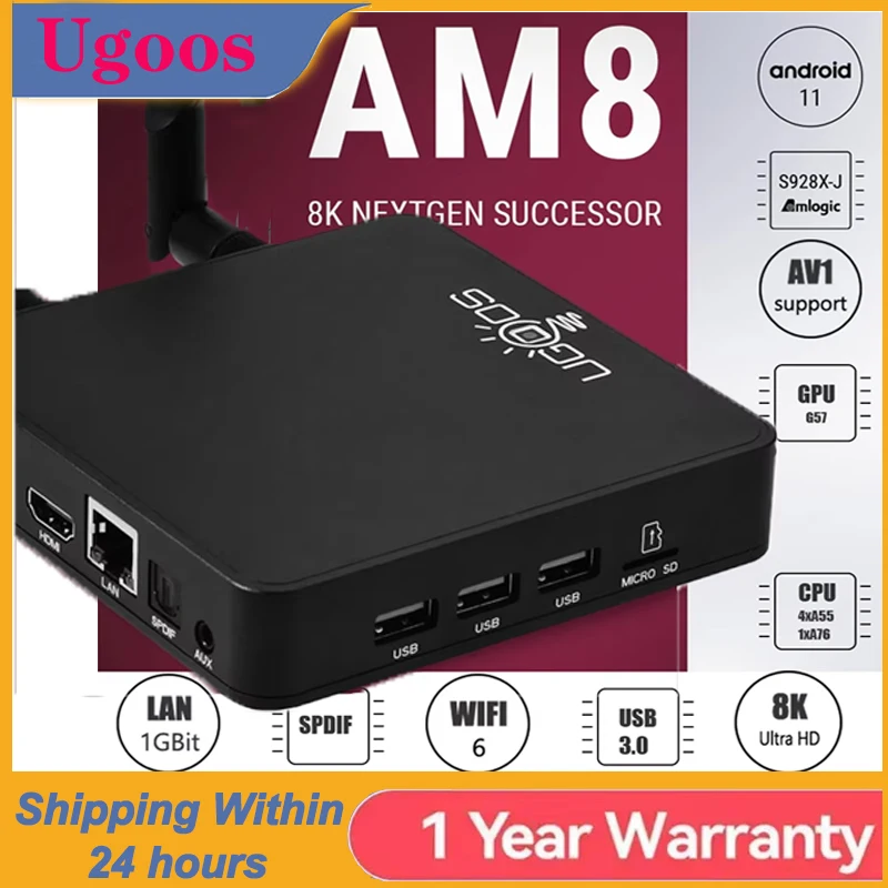

Ugoos TV BOX AM8 Pro Smart TV BOX Winevine L1 AV1 S928XJ DDR4 8GB 64G AM8Pro Set Top Box 2.4G/5G WiFi 6E 1000M 8K Bluetooth 5.3