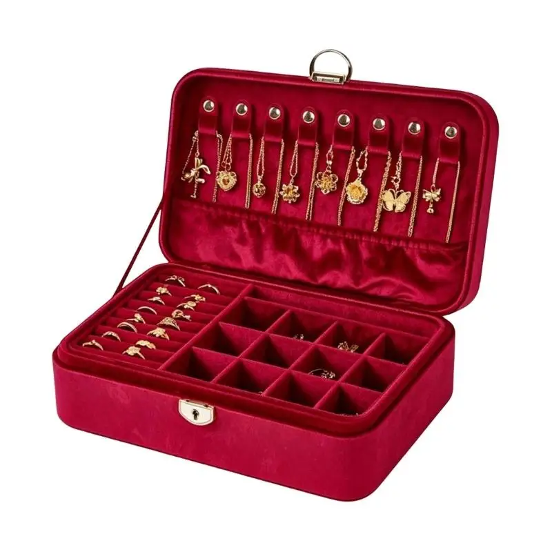 R7UF Double Layer Jewelry Storage Box with Ring Rolls Compartment Sections Necklace Hooks and Clasp Closure for Dressers