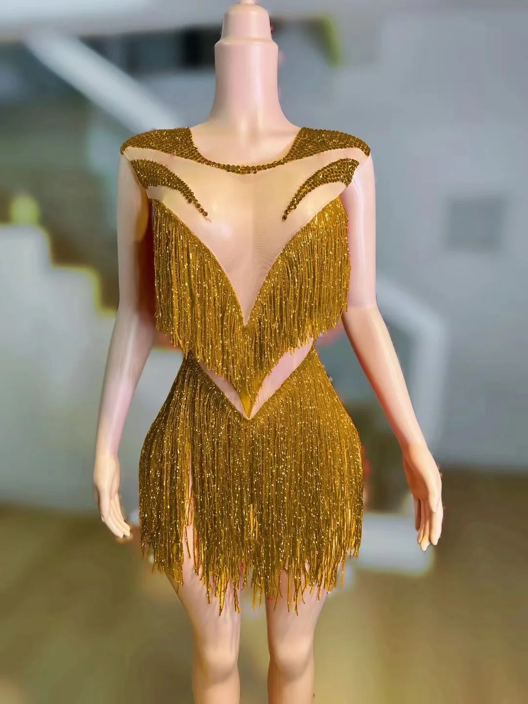 

Performance Clothes Birthday Clothing Sleeveless Fringed Short Skirt Mesh Transparent Nightclub Party Dress Shining Stage 스팽글드레스
