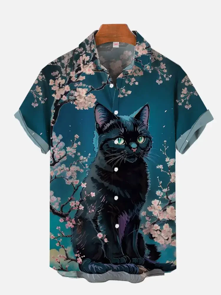 Men Stylish Dressed Cats Group Print Cuban Collar Short Sleeve Shirt Loose Button Up Summer Beach Vacation Casual Tops