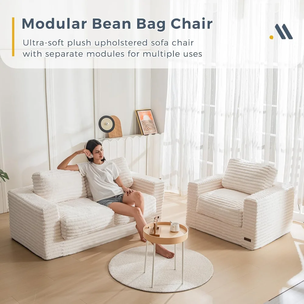 เก้าอี้บีนแบ็กขนาดยักษ์สําหรับผู้ใหญ่, โซฟาเบาะหุ้มเบาะพร้อมหมอนและที่วางแขน, สําหรับห้องนอน, โซฟาบีนแบ็กสีขาว