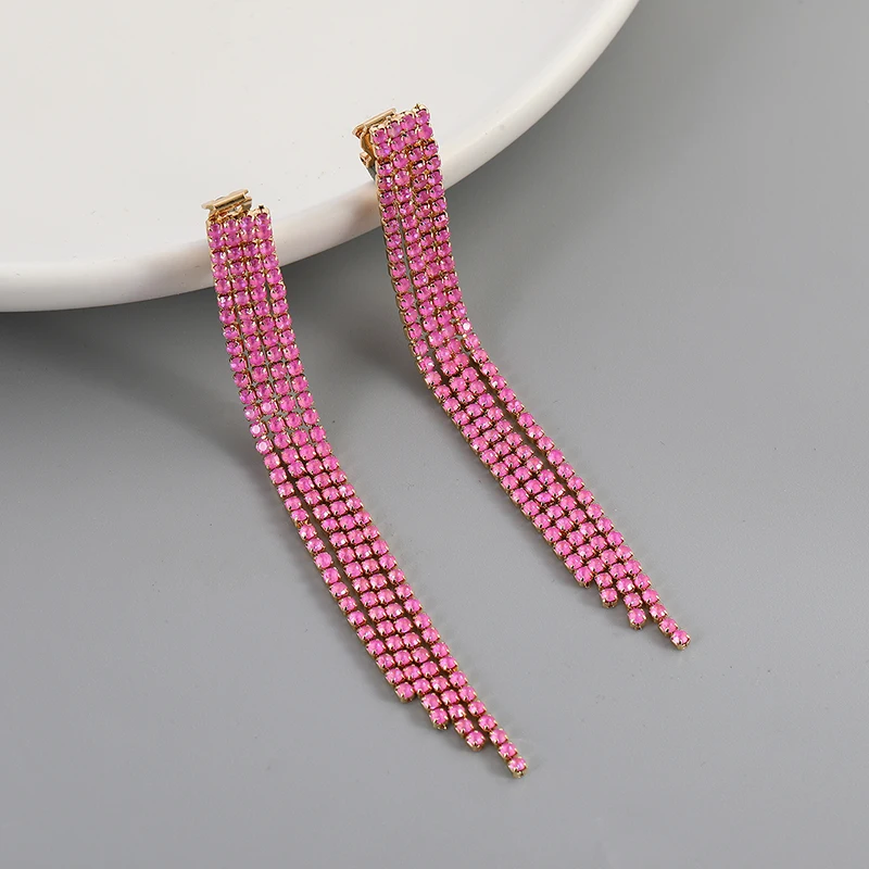 Minimalist Luxury Colorful Rhinestone Long Tassel Clip on Earrings for Women Bridal Non Pierced Dangling Earrings Party Jewelry