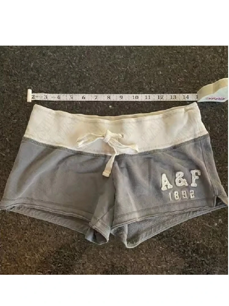 American Style Spicy Girl Style Gray White Spliced Letter Print Ultra Short Hot Pants for Daily Casual Wear with Drawstring