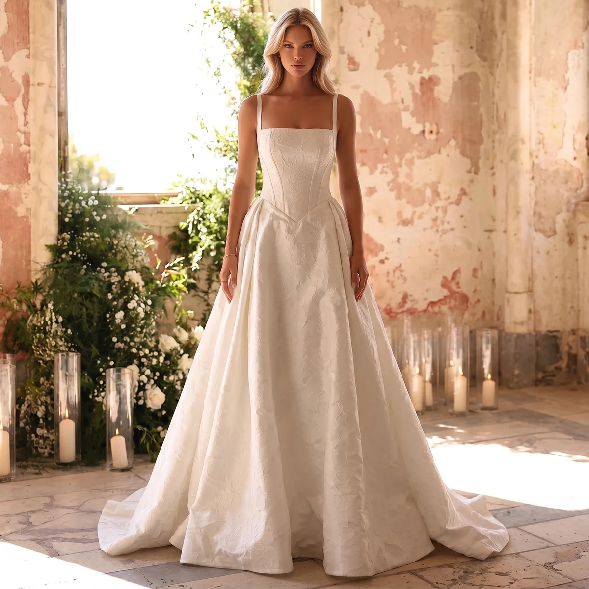 

Romantic Lace Satin Wedding Dress For Women Spaghetti Strap Bridal Party Gown For Bride Vestidos Novia Long Ball Gown