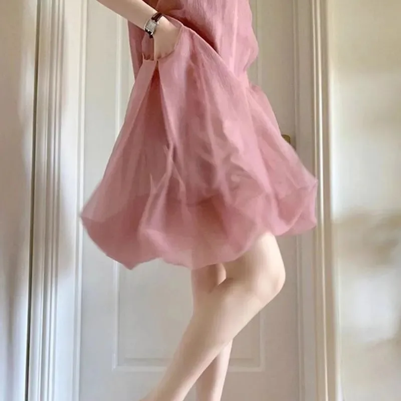 Vestido francés sin mangas de color rosa suave y dulce para mujer, nuevo diseño avanzado, vestido versátil y elegante