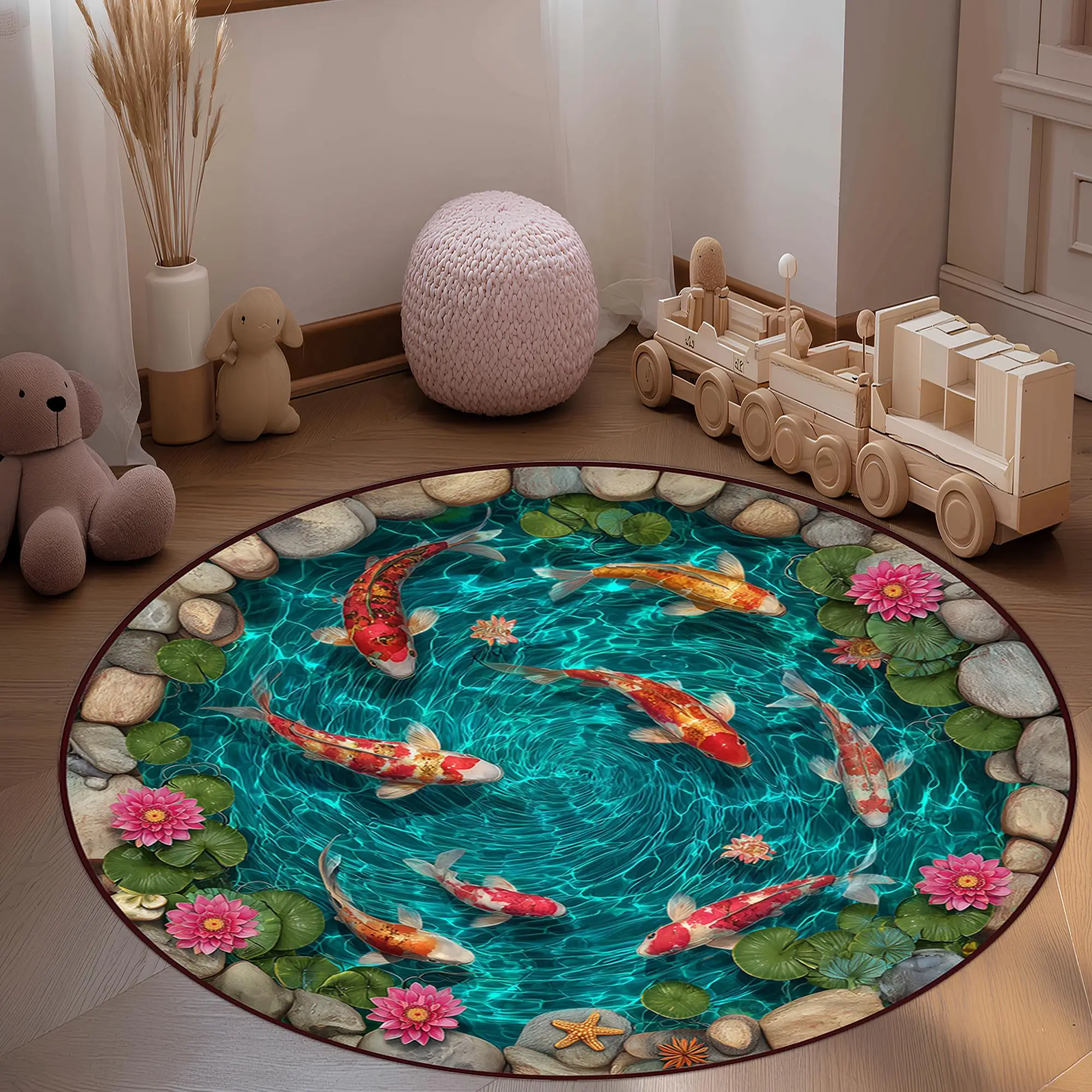 Koi Fish Lotus Pond Round Rug Ideal Home Decor Entrance Cloakroom Study Room Bedroom Living Room Floor Mat Area Rug Mat