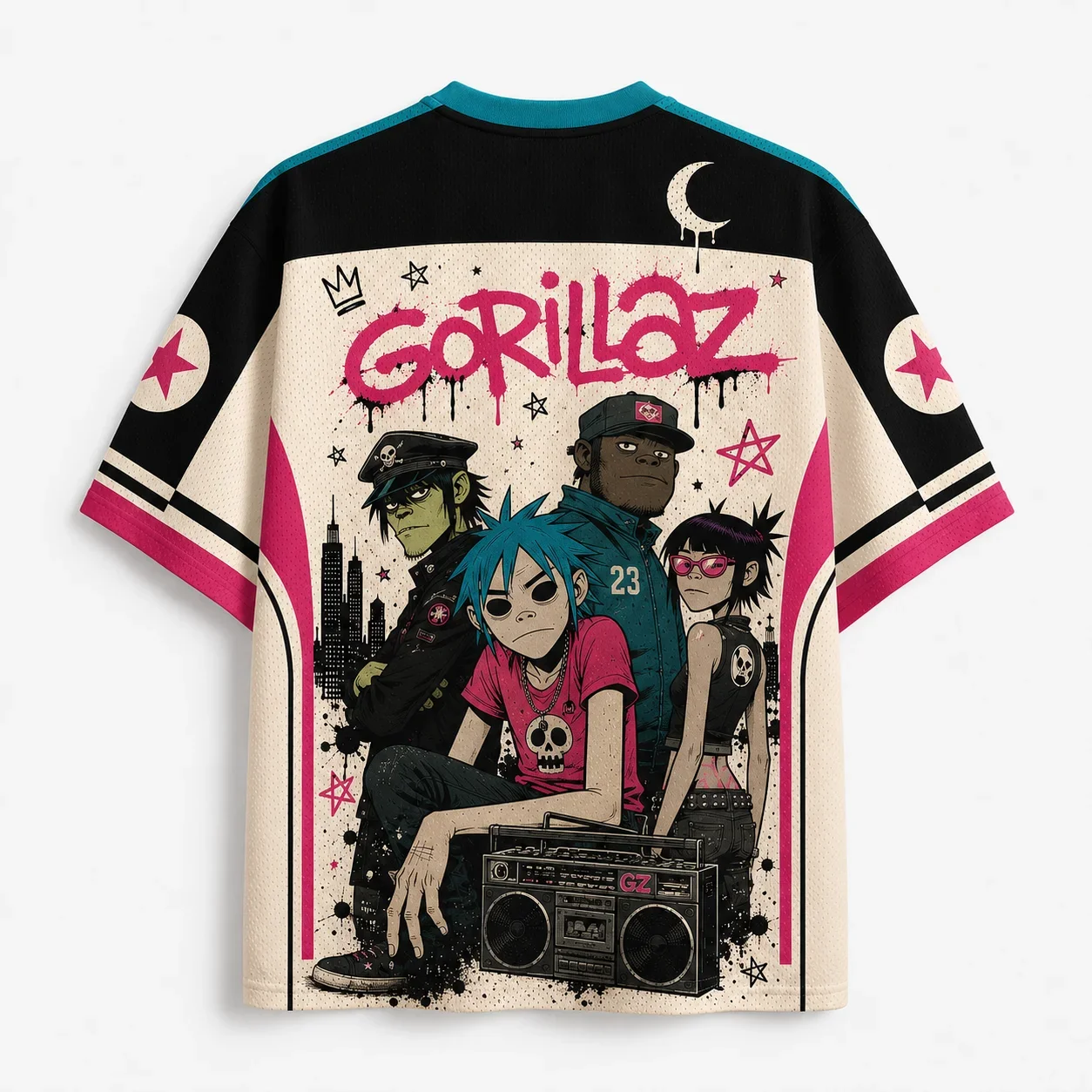 Cartoon Punk Band Graphic Football Jersey, V Neck Short Sleeve Y2K Streetwear Top, Graffiti Art Music Festival Outfit Streetwear
