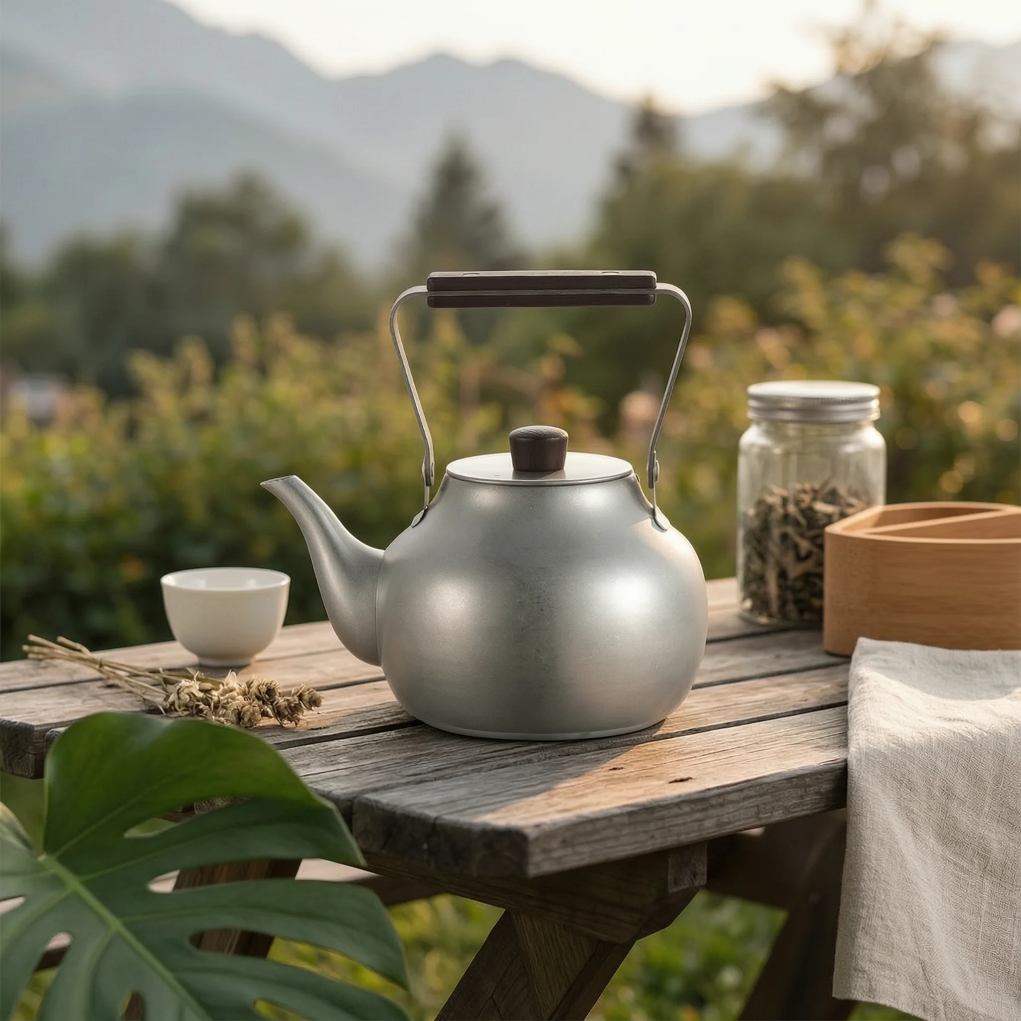 Folding Handle Teapot Drinkware Stainless Steel Tea Kettle Wooden Knob Retro Style Curved Spout Stainless Steel Teapot