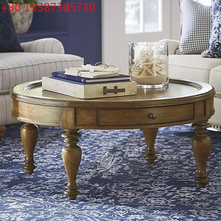 Mesa de centro redonda de madeira maciça para sala de estar, país americano, mesa de chá neoclássica europeia