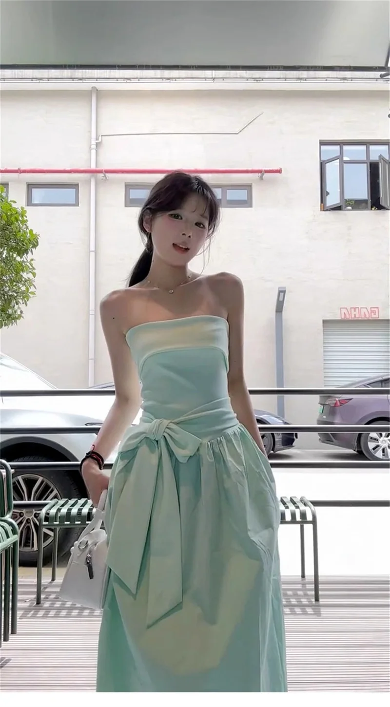 2025년 여름 아동용 그린 원숄더 스트랩리스 드레스, 여성 허리 조절 롱 스커트 포함 비치 휴가룩