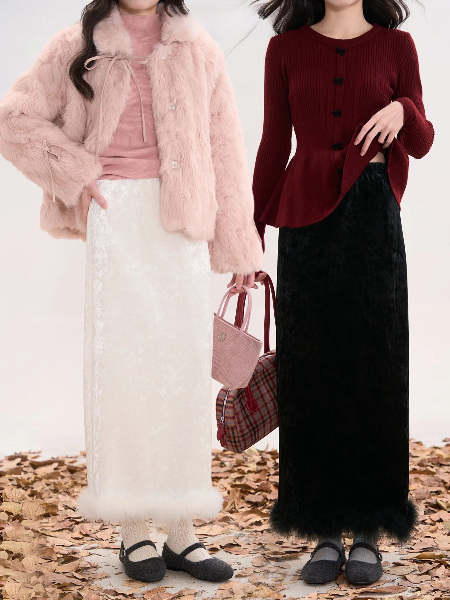 

Heme Velvet f-length Skirt with Frayed s Thi Warm Casual Sle High-waisted Straight-cut Mid-length for Women