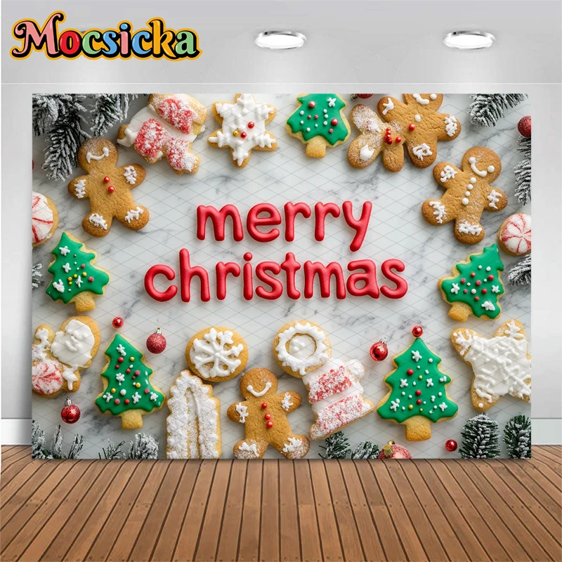 Mocsicka Merry Christmas Gingerbread Marble Table Photo Backdrops Xmas Cookies Cake Smash Family Holiday Photography Backgrounds