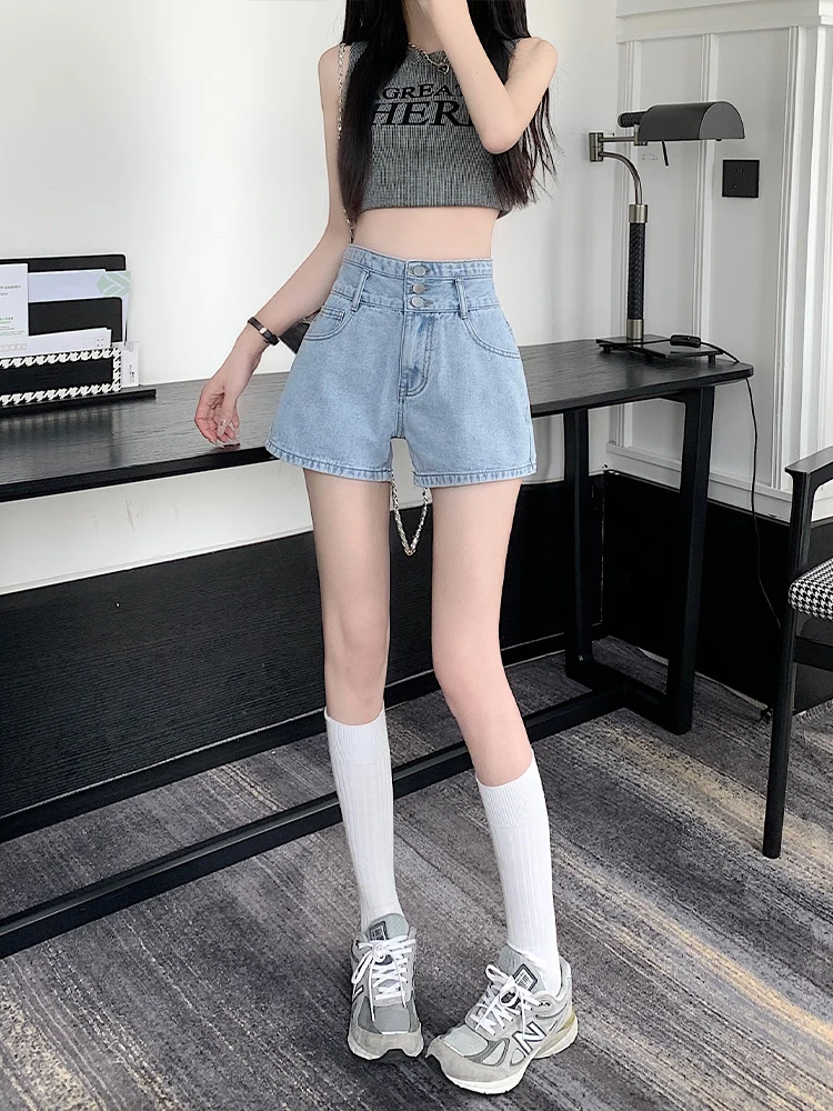 Dżinsowe szorty damskie z wysokim stanem, luźny krój, letnie 2024, wyszczuplające, w kształcie litery A, z szerokimi nogawkami, modne szorty dżinsowe.