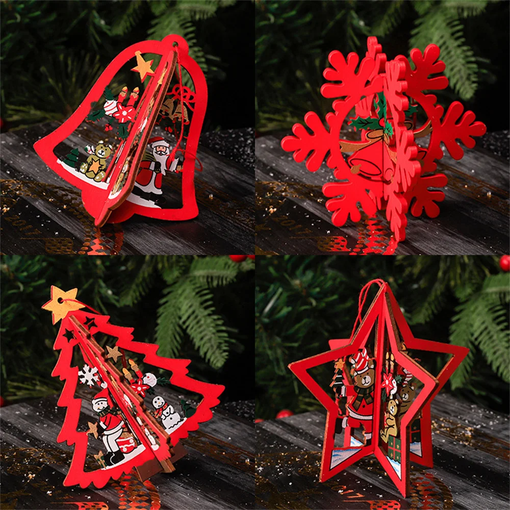 Christmas Santa Gifts Stereo Bells Snowflake Crafts Christmas Tree Wooden Pendants Christmas Creative Painting Carving Craft