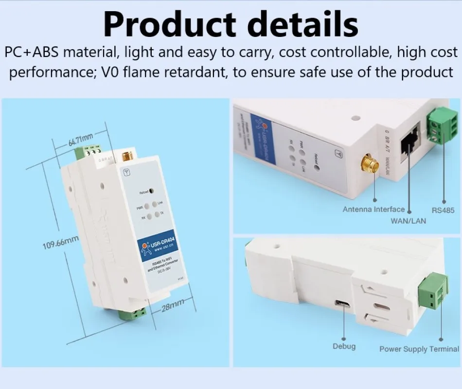 Piezas wifi RS485, convertidor de servidor, dispositivo Ethernet, Din-rail, serie TCP/IP, 5 USR-DR404