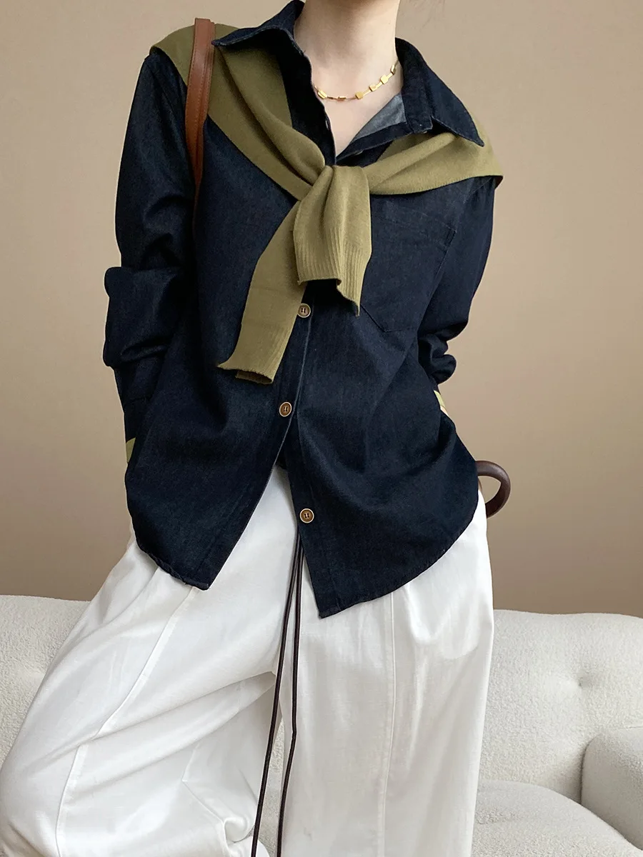 

2025 Fashion American Retro Denim Shirt + Contrast Color Knitted Shawl Two-piece Women's Top