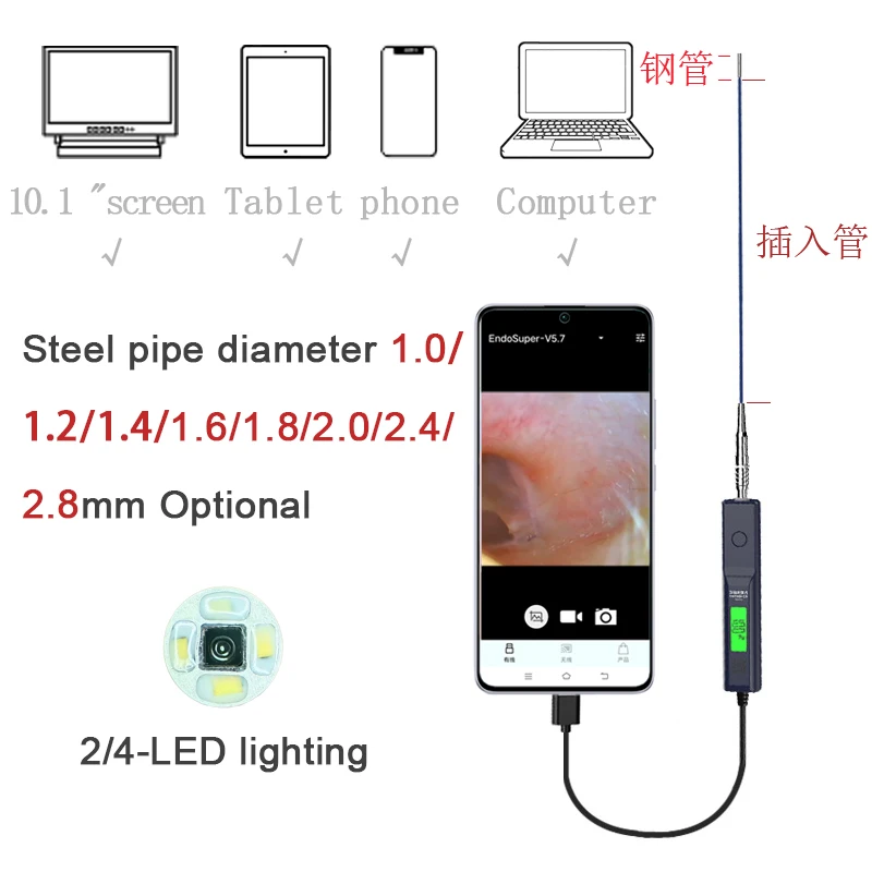 Ultra-fine 1.0-2.8mm industrial medical insert tube endoscope handle camera Level 5 light adjustable band display