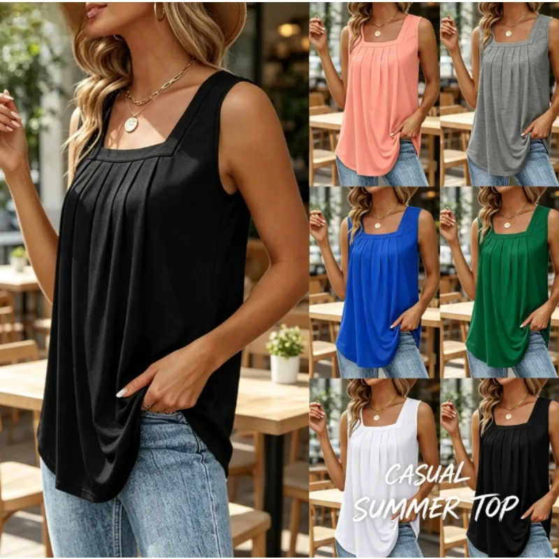 2024 Women's Sleeveless Square Neck Ribbed Stretch Basic Layering Tshirt Wrinkle Resistant