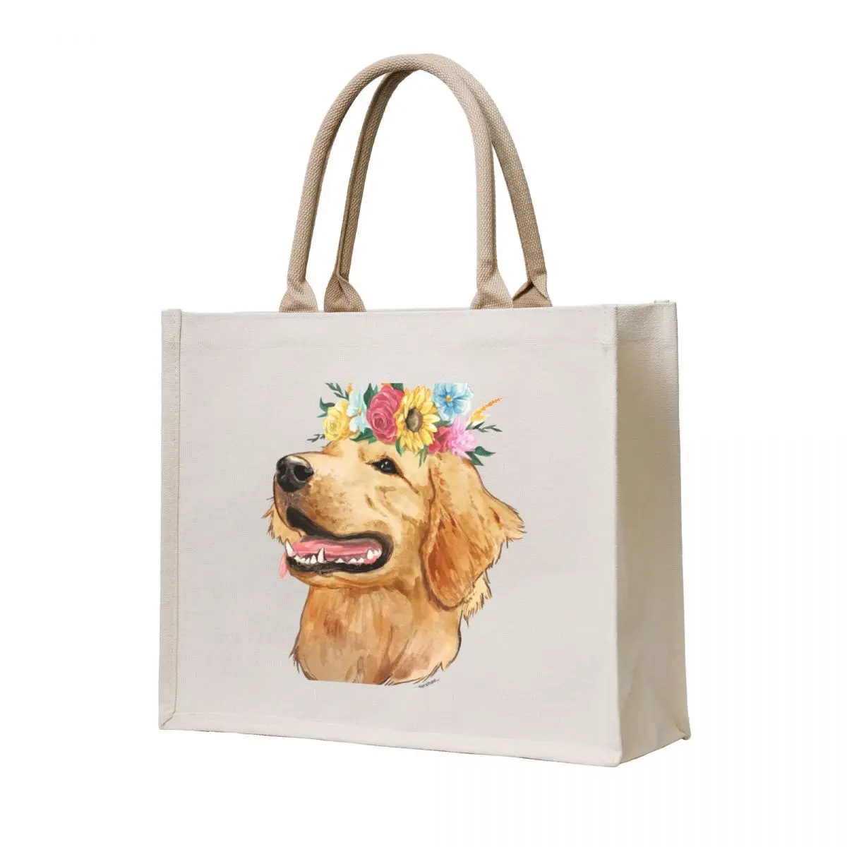 

Red Golden Retriever dog with watercolor flower crown Tote Bag Handbags Women's bags foldable reusable bag