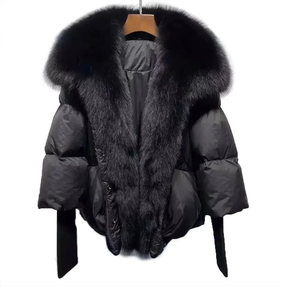 Doudoune à capuche en fourrure de renard véritable pour femme, manteau respirant, veste en duvet d'oie, col optique, luxe, chaud, automne, hiver, nouveau, 2024