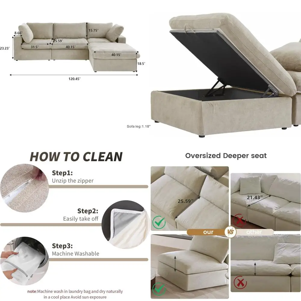 

Модульный диван с оттоманкой для хранения, L-образный диван 120.45 для гостиной, раскладной диван с наполнителем из пуха и глубоким сиденьем, моющийся.