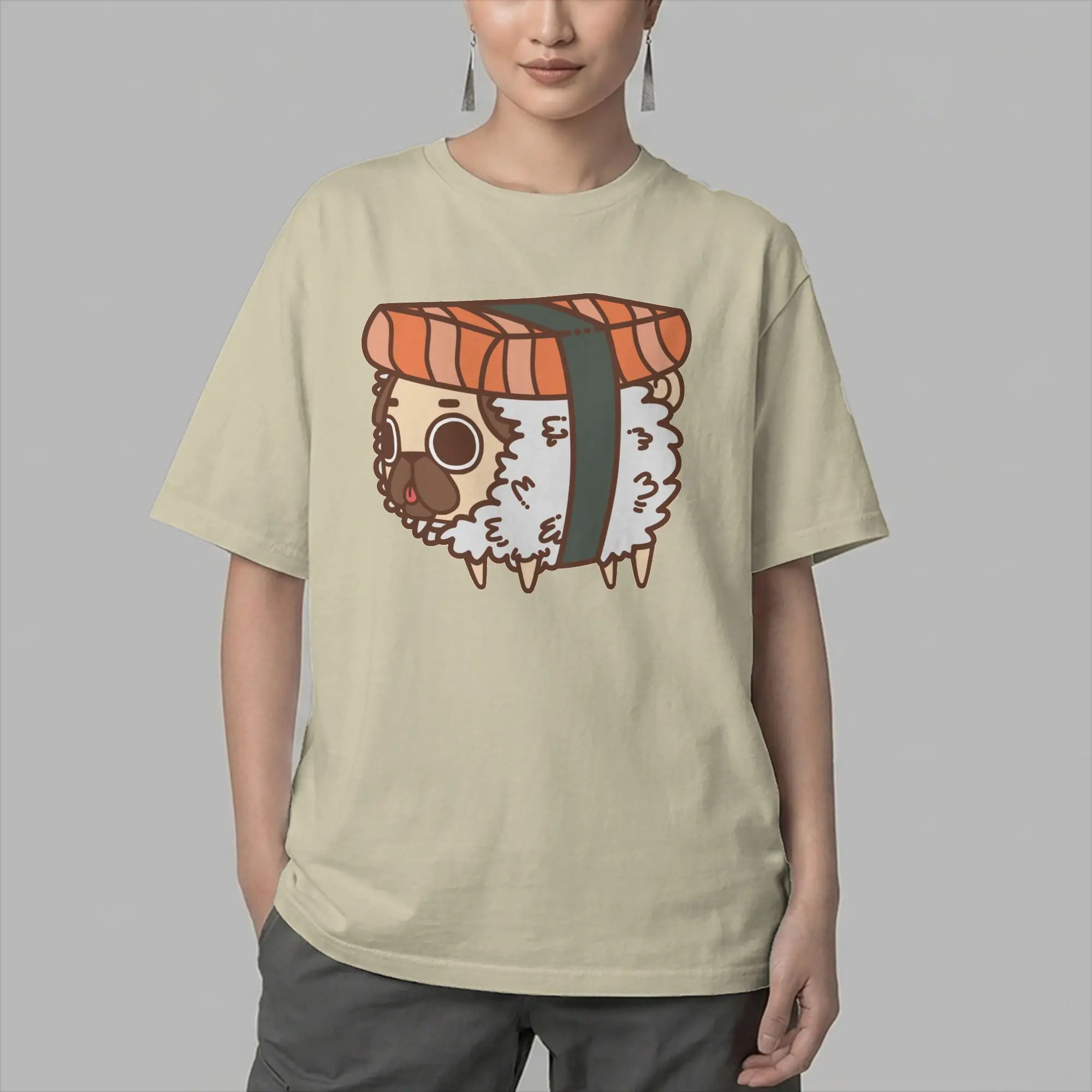 Men's T-Shirt Puglie Sushi 100% Cotton Tee Shirt Rice Cartoon Nigiri Salmon Fish Japanese T Shirt O Neck Clothing Gift Idea