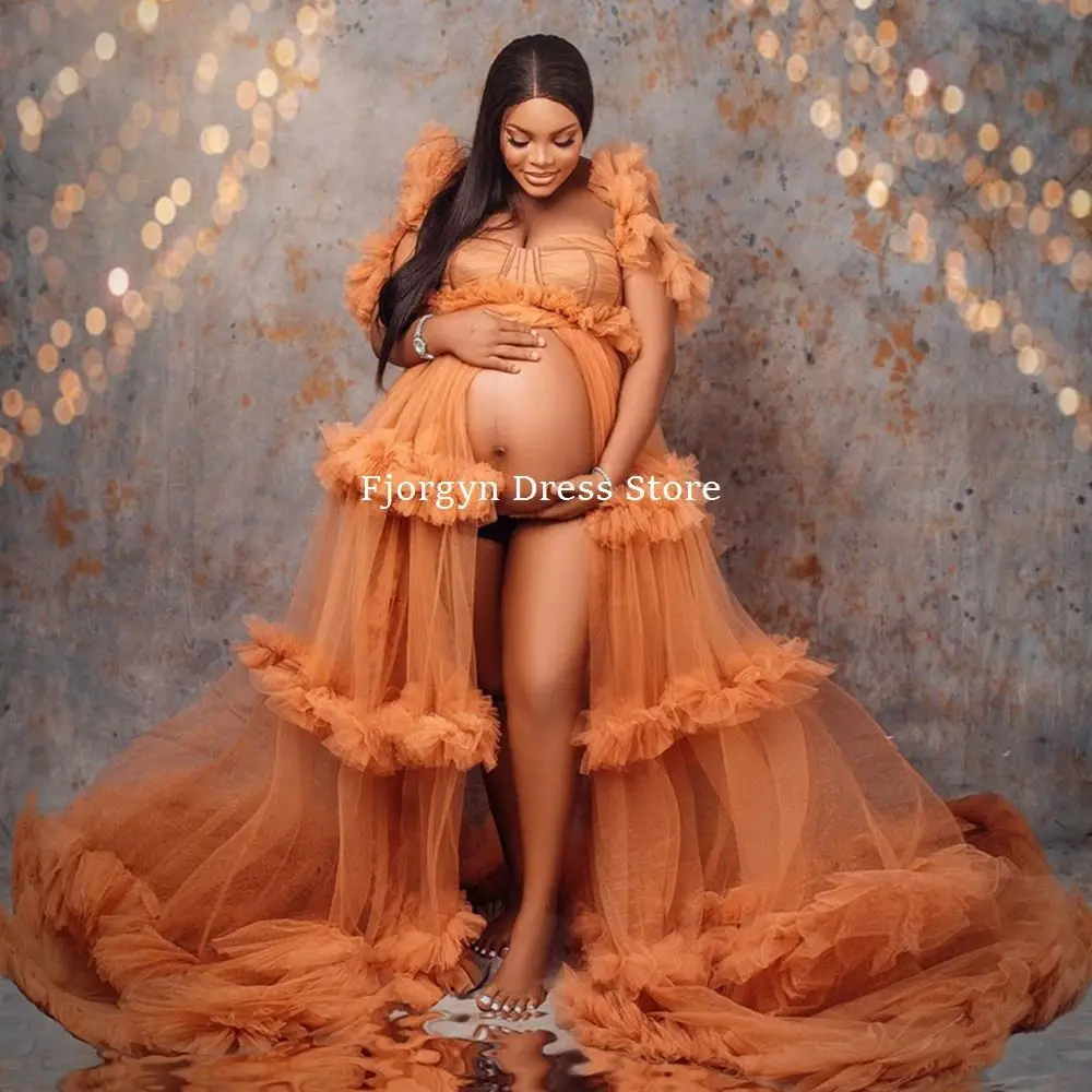2026 New Design Maternity Dresses for Photoshoot or Party Off Shoulder Pumpkin Tulle Multi Layered Pregnancy Dress