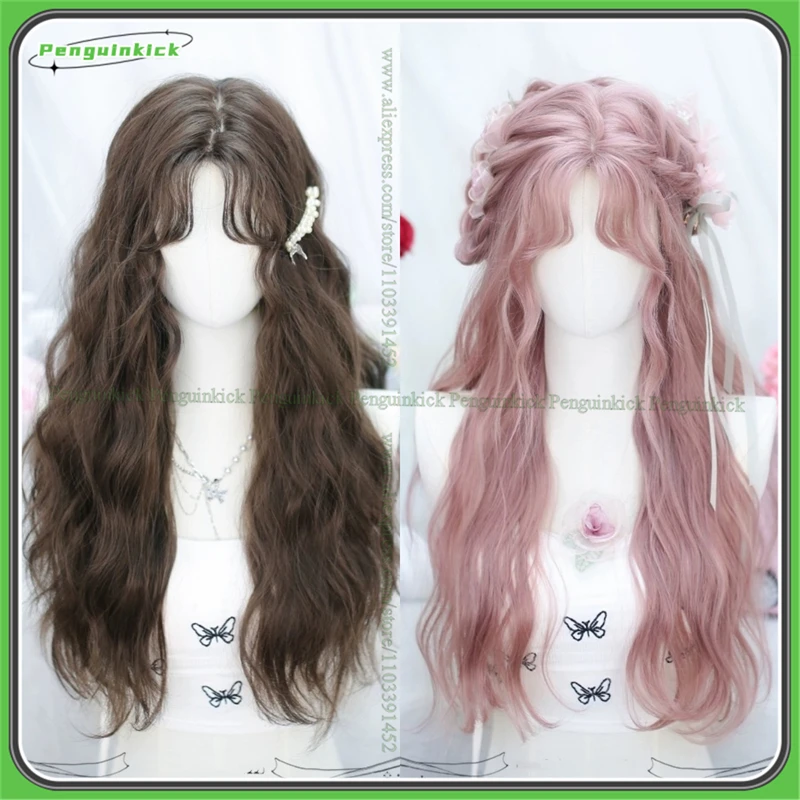 60cm Long Curly Synthetic Wig Bangs Lolita Party Students Chic Girls Black Brown Pink Wavy Small Curls Heat Resistant Hair Scalp