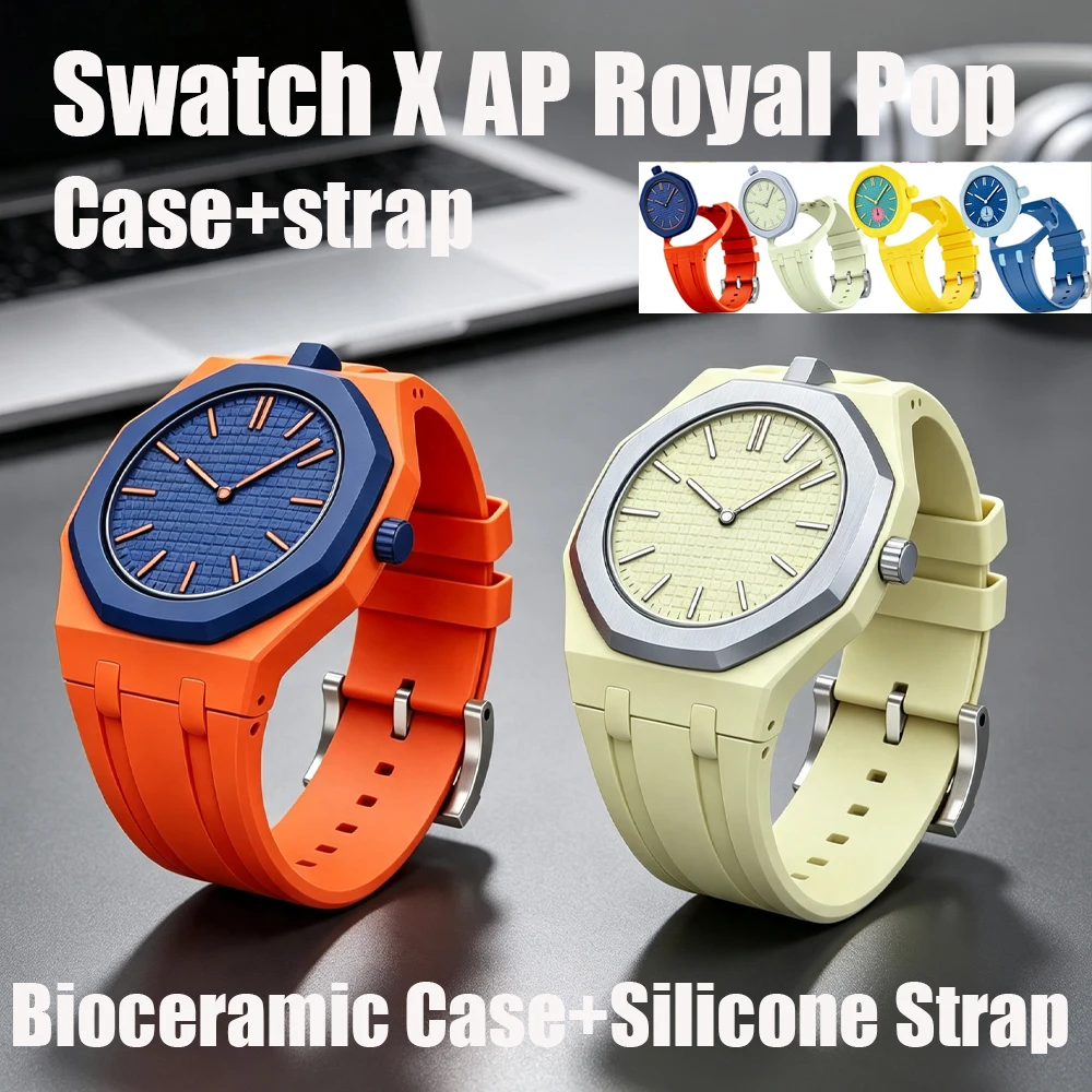 Bioceramic Mod Case Silicone Watch Strap for Swatch X AP Royal Pop Pocket Watch Fashion Dual Color Replacement Wrist Accessories