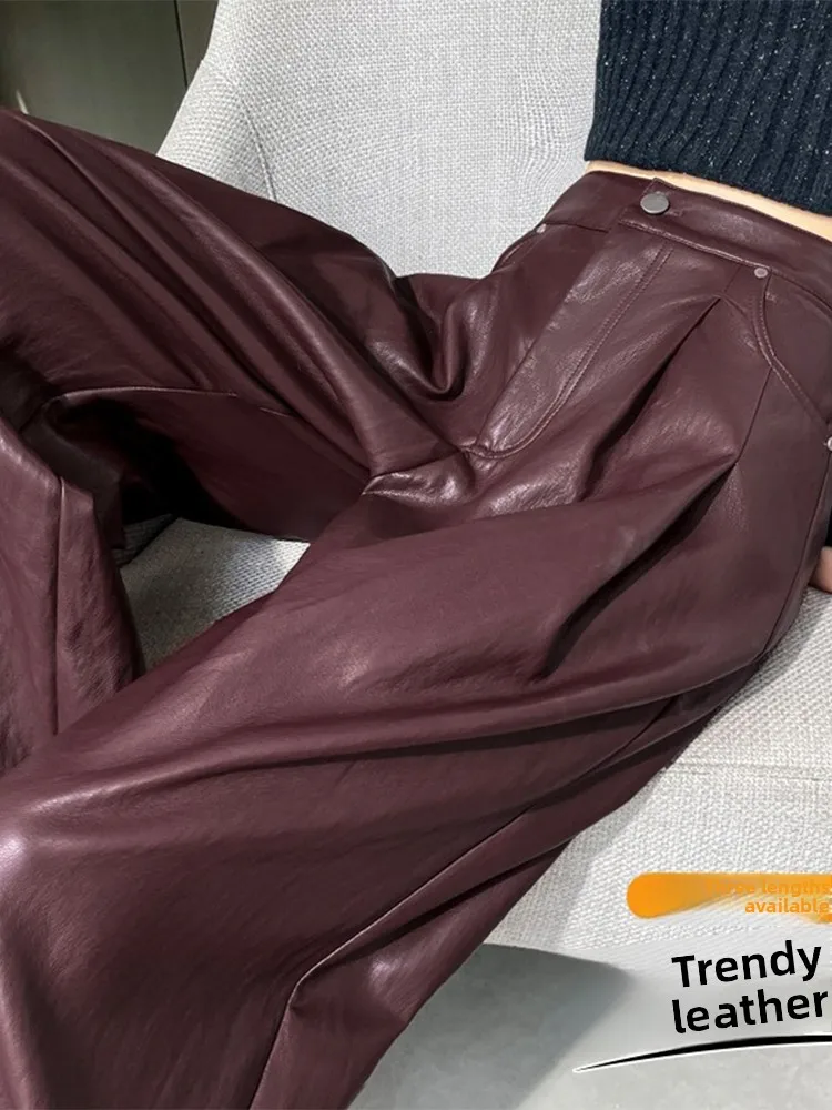 Retro High Waist Drapey Casual Fleece Lined Floor Length PU Leather Wide Leg Pants Women's Autumn European Goods