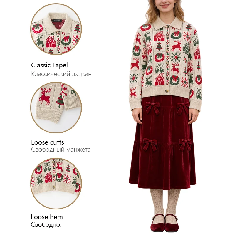Short Christmas Jacquard Knit Cardigan For Women Polo Collar With Reindeer And Christmas Tree Autumn And Winter Casual Jacket