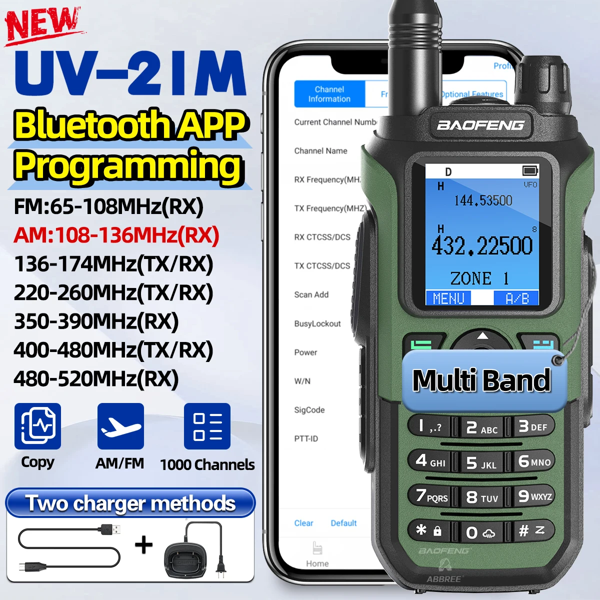 

New BAOFENG UV-21M Multi Band Walkie Talkie Bluetooth App Programming 1000CH Type-C AM NOAA for UV-32 UV-21 PRO V2 Two Way Radio
