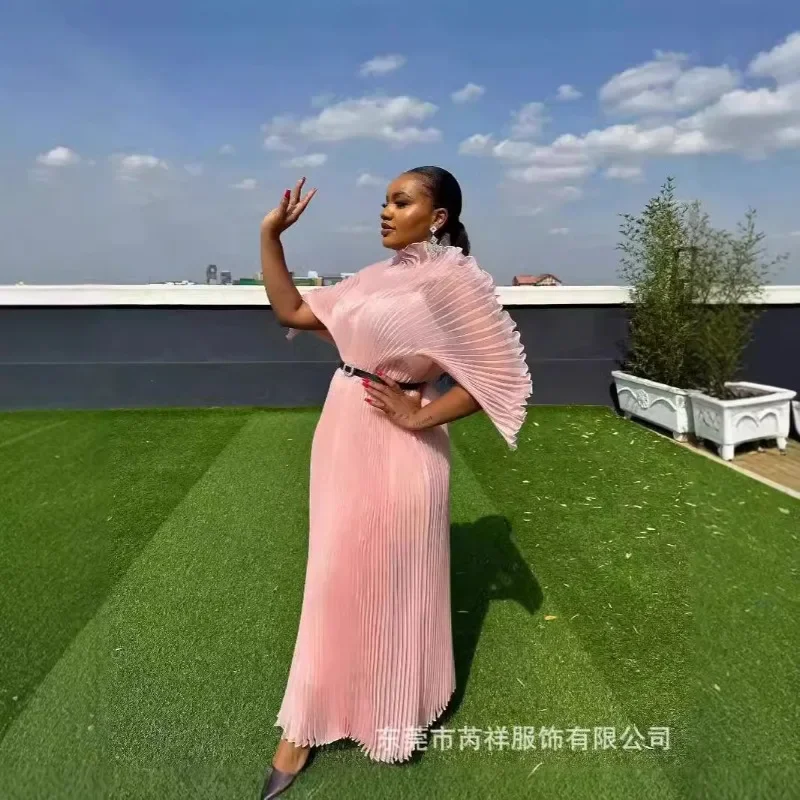 KAF European American Women Elegant Evening Party Dress Solid Color High Neck Loose Large Size Folding Design Casual Dresses