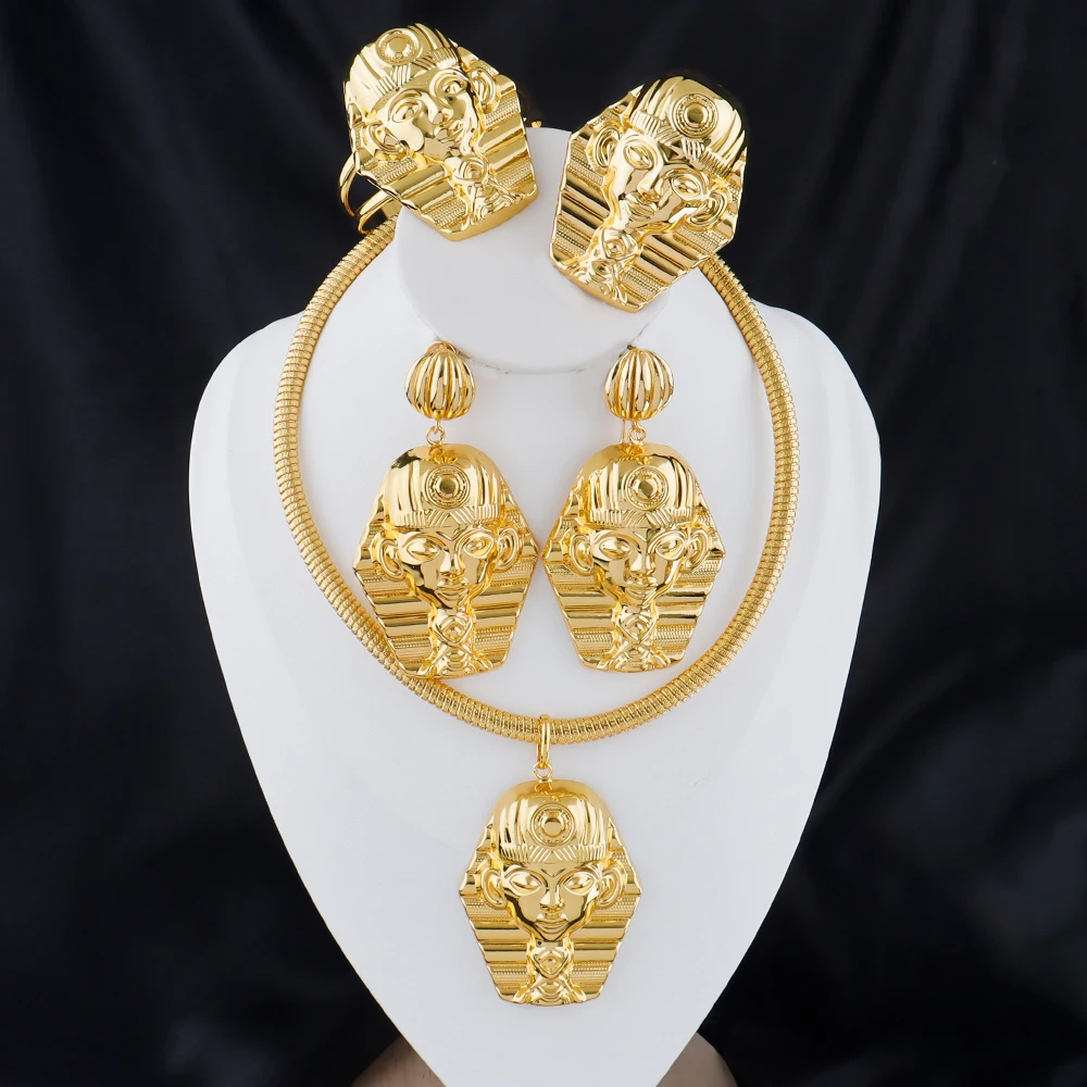 Goldfarbenes großes Schmuckset für Frauen, Human Design, Ohrringe, Halskette, Dubai, afrikanisches Armband, Ring, Hochzeit, Brautgeschenk – Detail 2