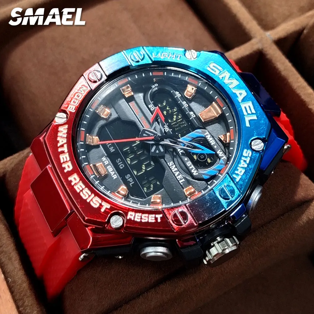 SMAEL Dual Time Red Digital Watch Men Military Sport Chronograph Quartz Electronic Wristwatch with Date Week Waterproof 8066