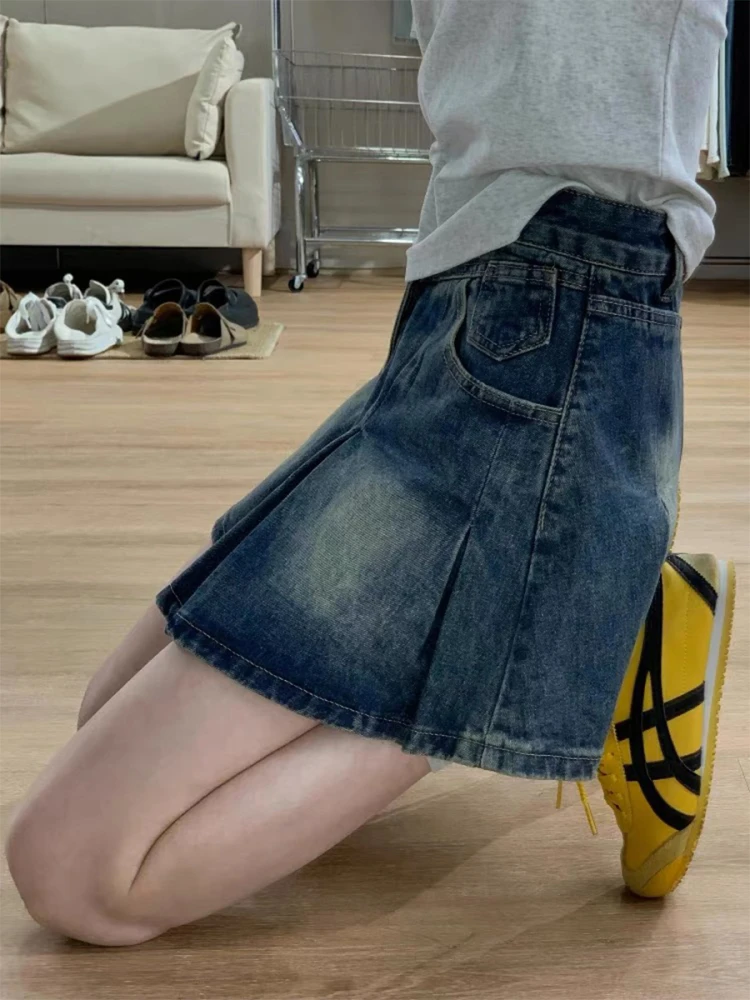 

High Waist A-Line Skirt Women's Denim Pleated Anti-Light Summer plus Size Vintage f-length Skirts Korean Sle