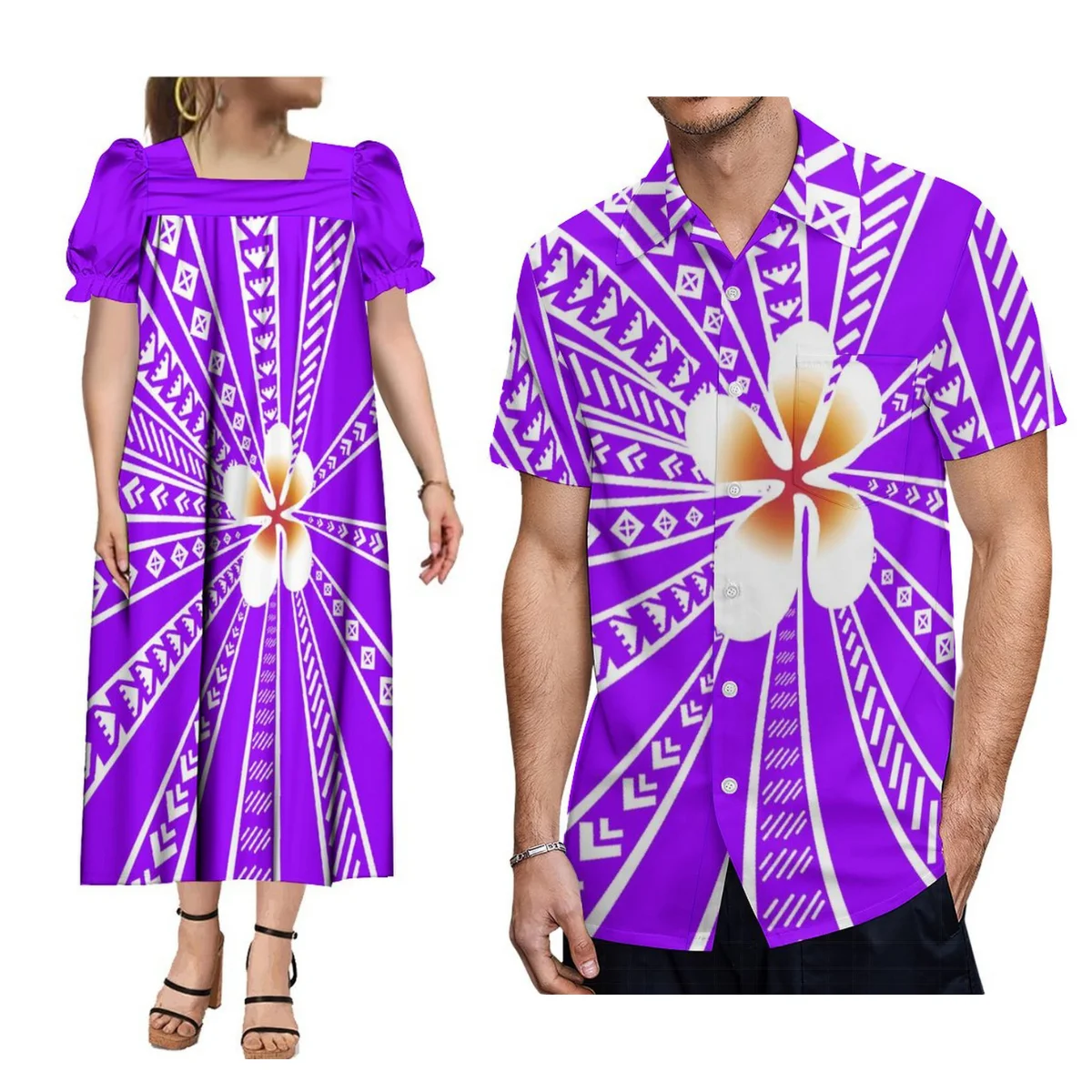 

Polynesian Tribe Tonga Custom Women'S Mumu Dress Matching Men'S Shirt Samoan Art Print Temperament Couple Suit