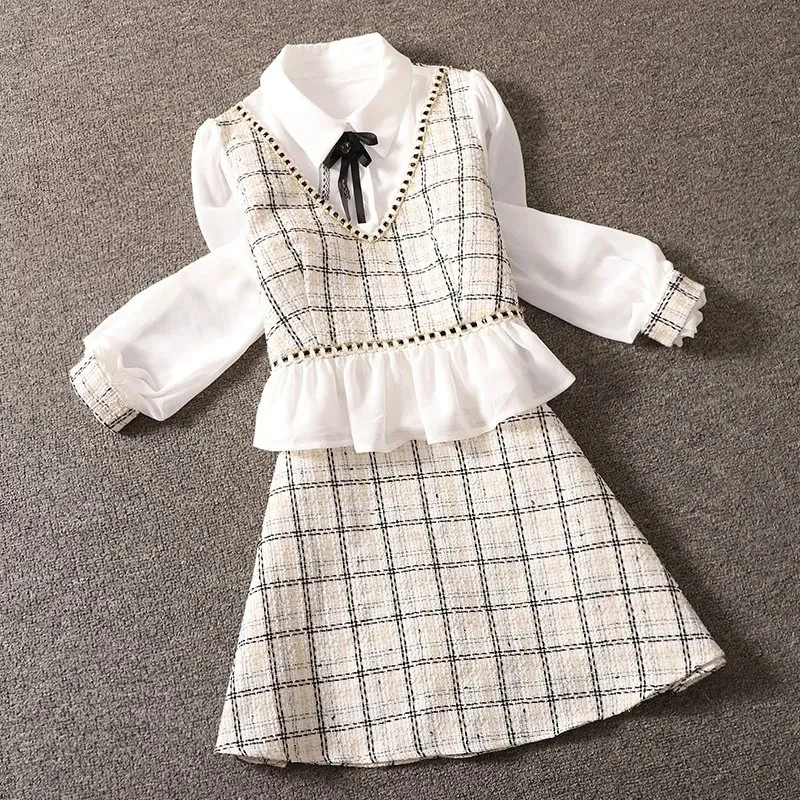 

Plaid Preppy Two Piece Sets Women Bow Ruffles Patchwork Long Sleeve Sweet Tops Fashion High Waist A Line Loose Casual Mini Skirt