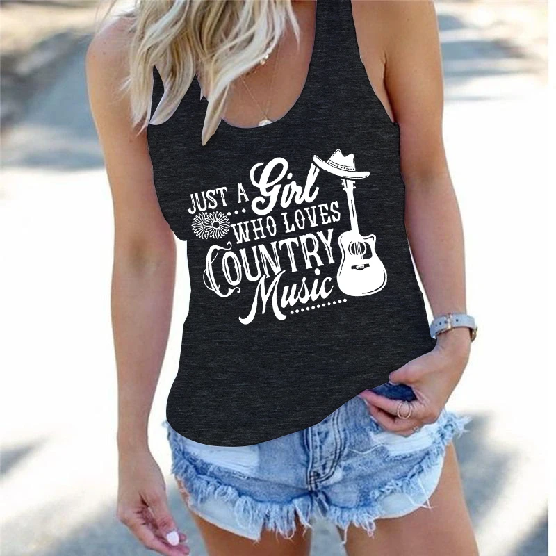 Just A Girl Who Loves Country Music Print Sleeveless Vest Women Classic Outdoor Music Commemorative Racerback Tank Top