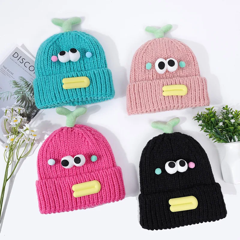 

Fits All Funny Cartoon Winter Hat for Kids Cartoon Little Monster Knitted Beanie Children Warm Ski Hat Big Eyes Crochet Bonent