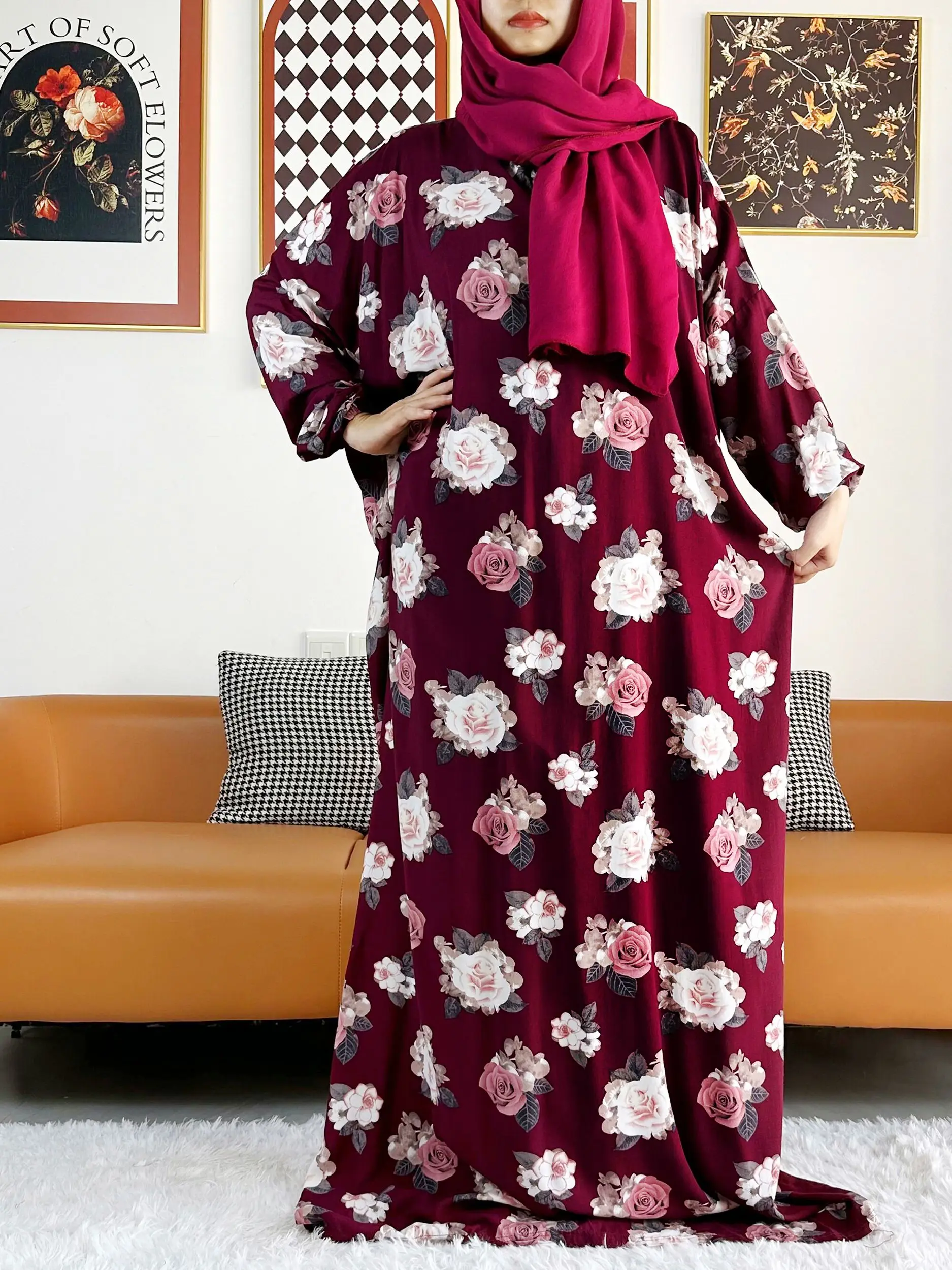 2023  Muslim Rayon Abayas Color Pitch Ramadan Prayer Dubai Turkey Middle East Femme Robe Floral Loose African Dress Turban Joint