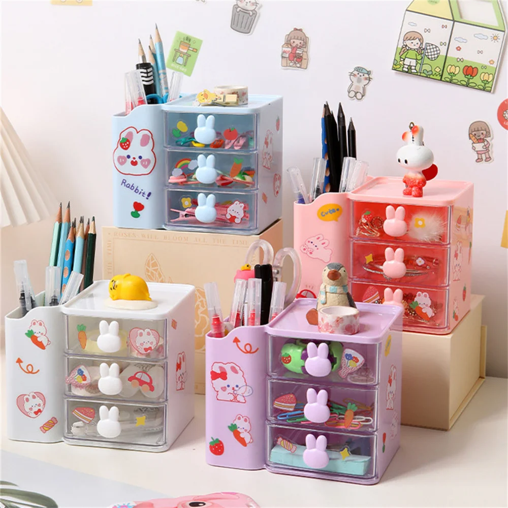 Cute Rabbit Desktop Organizer Drawers With Pencil Holder Multifunctional Student Desktop Stationery Organizer Box Storage Shelf