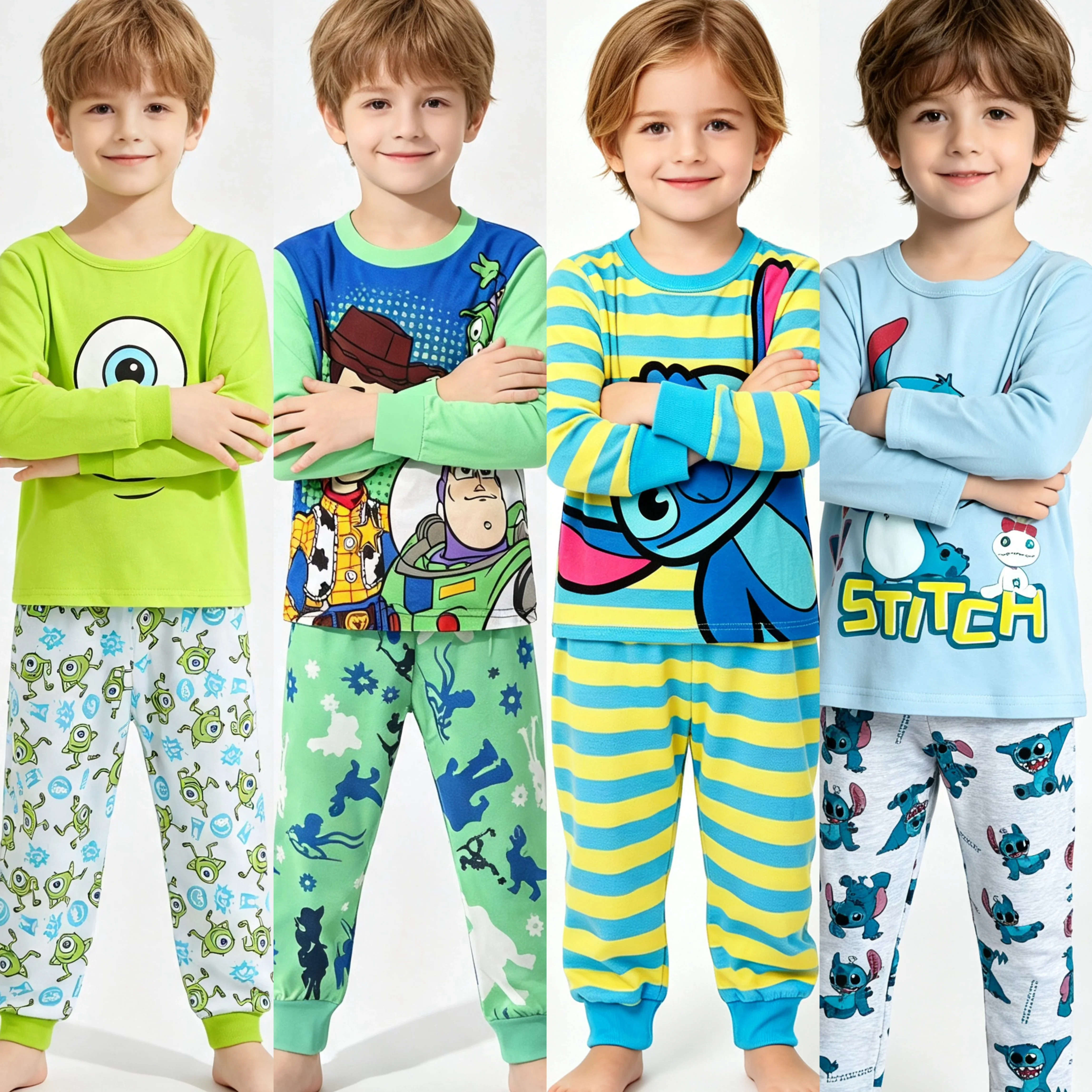 1Y-6Y Autumn Kids Cartoon Animal Print Pajamas Set Long Sleeve 2Pcs Alien 626 Angel Sleepwear Loungewear Children Home Nightwear