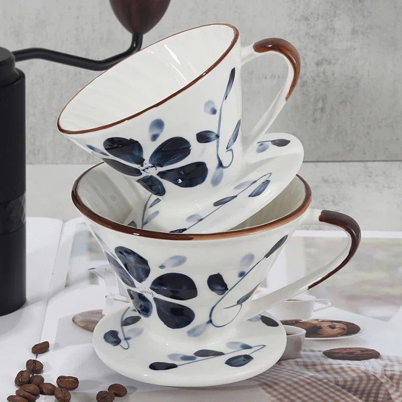 Hand-Painted Ceramic Conical Coffee Filter Cup Blue And White Porcelain Drip Filter V-Shaped Funnel Hand Brewed Coffee Set