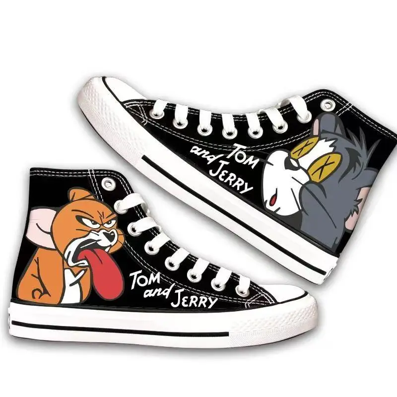 Fotos reais tom e jerry gato e mouse homem mais tamanho grande 2025 sapatos de lona casual transporte da gota preto sapatos de skate feminino