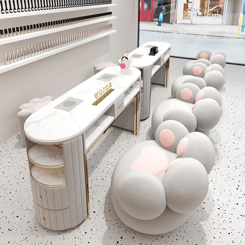 Creative Design Nail Technician Table Sets White Stone Top Luxury Double Nail Table with Double Drawer