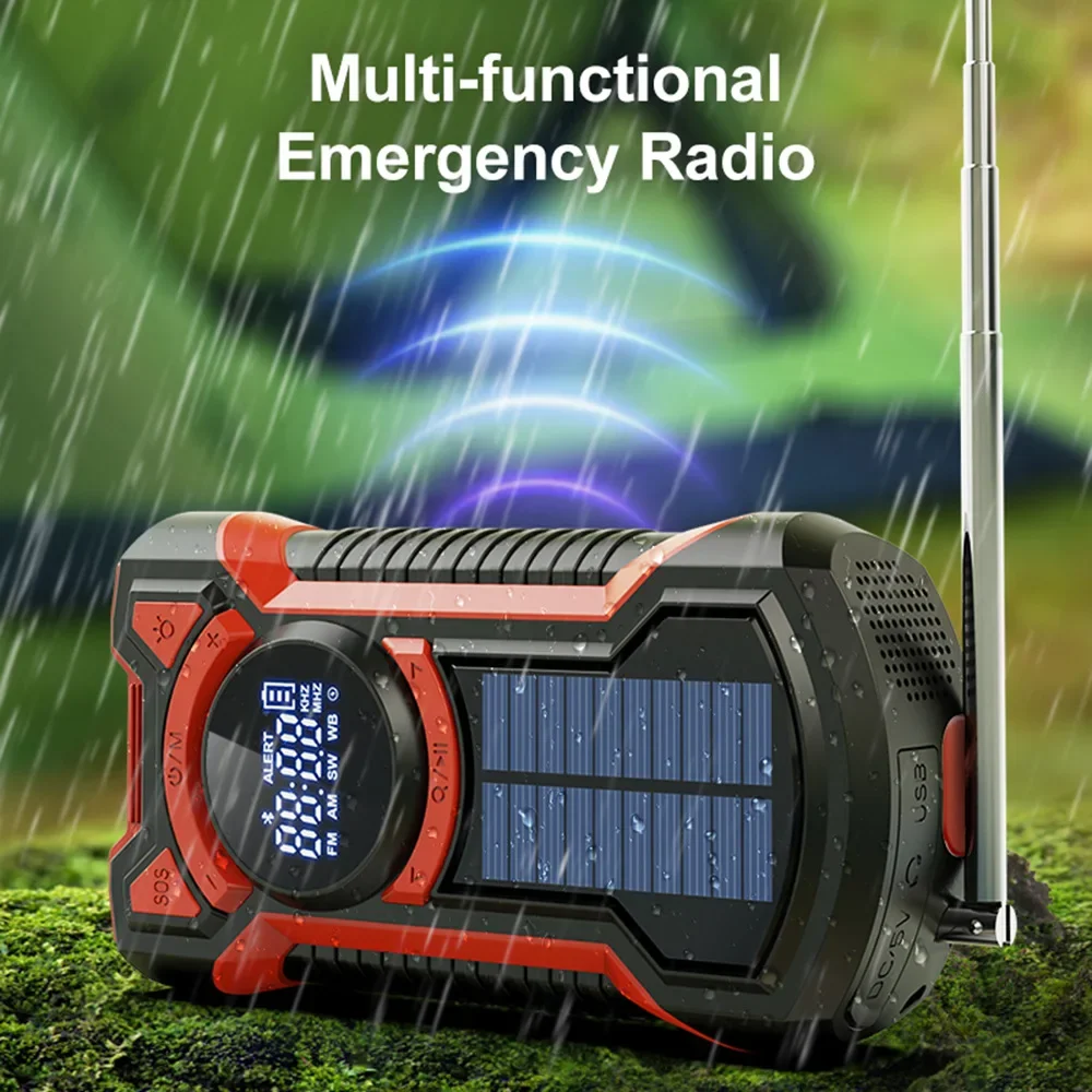 Emergency Hand Crank FM AM Radio Built-in Bluetooth Speaker Outdoor Waterproof Support Solar Cahrging SOS Alert LED Flashlight