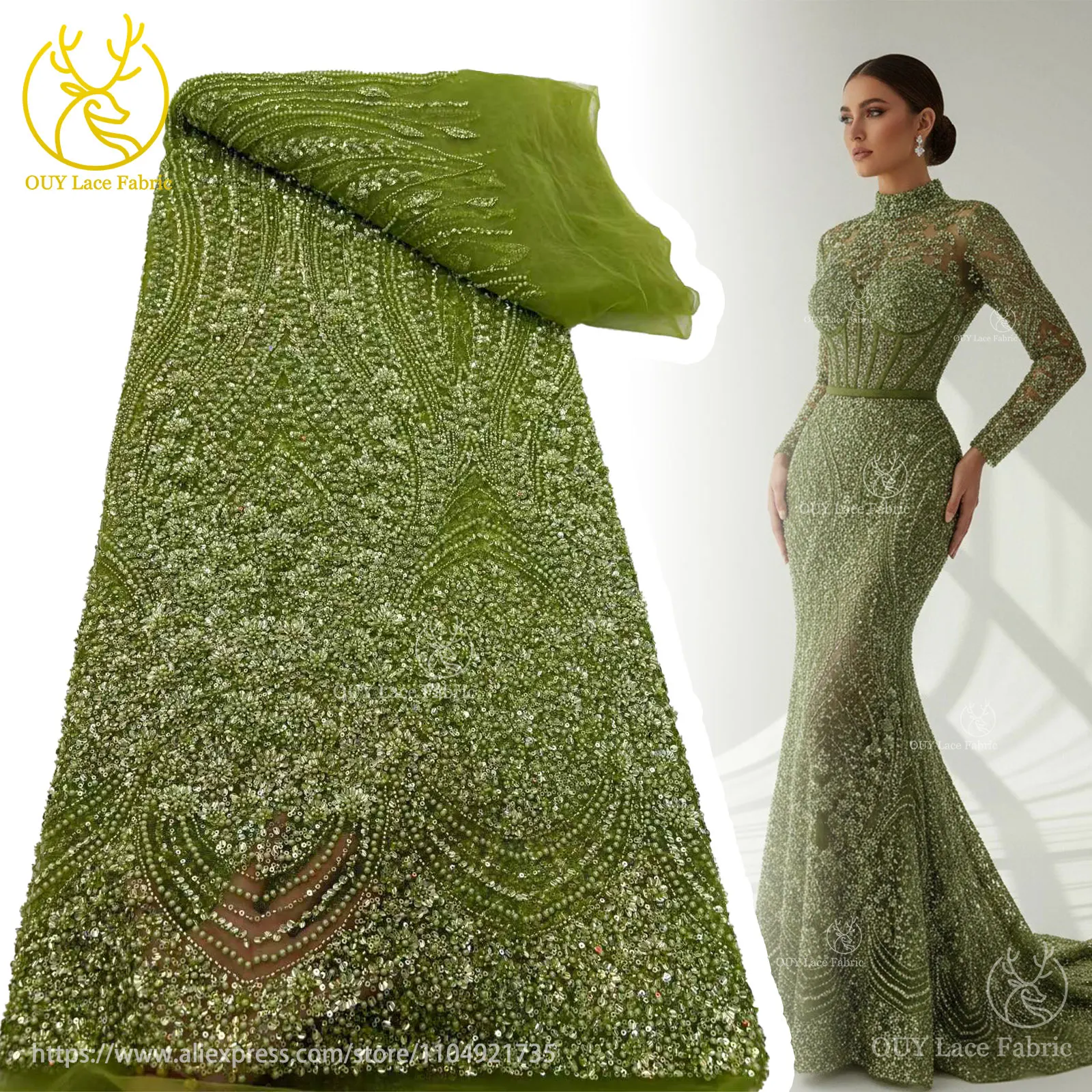 Green Luxury African Groom Sequin Lace Fabric 2026 High Quality French Heavy Beaded Tulle Lace For Party Wedding Dress Sewing