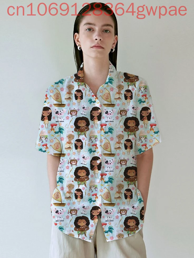 

Disney Cartoon Moana and Maui Women's Casual Short Sleeve Blouses Shirt Holiday Beach Hawaiian Shirt Womens Elegant Hawaii Shirt