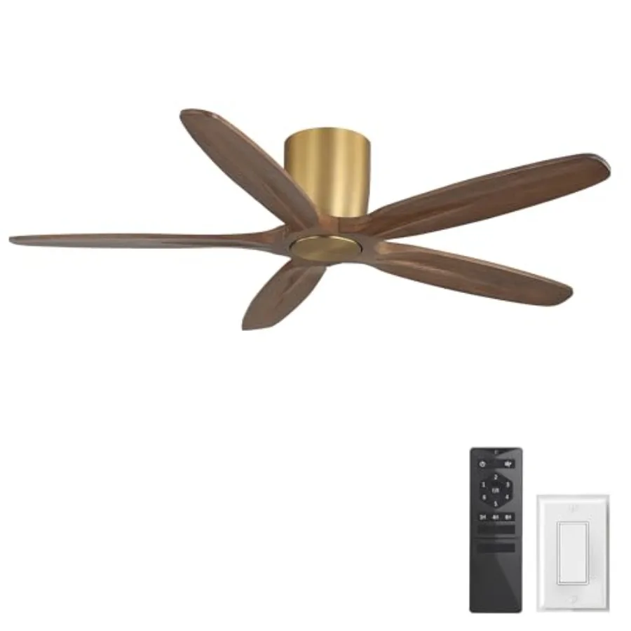 

Bedroom living room ceiling fan with carved solid wood blades, gold and wood finish, 54-inch flush mount, 6-speed reversible DC